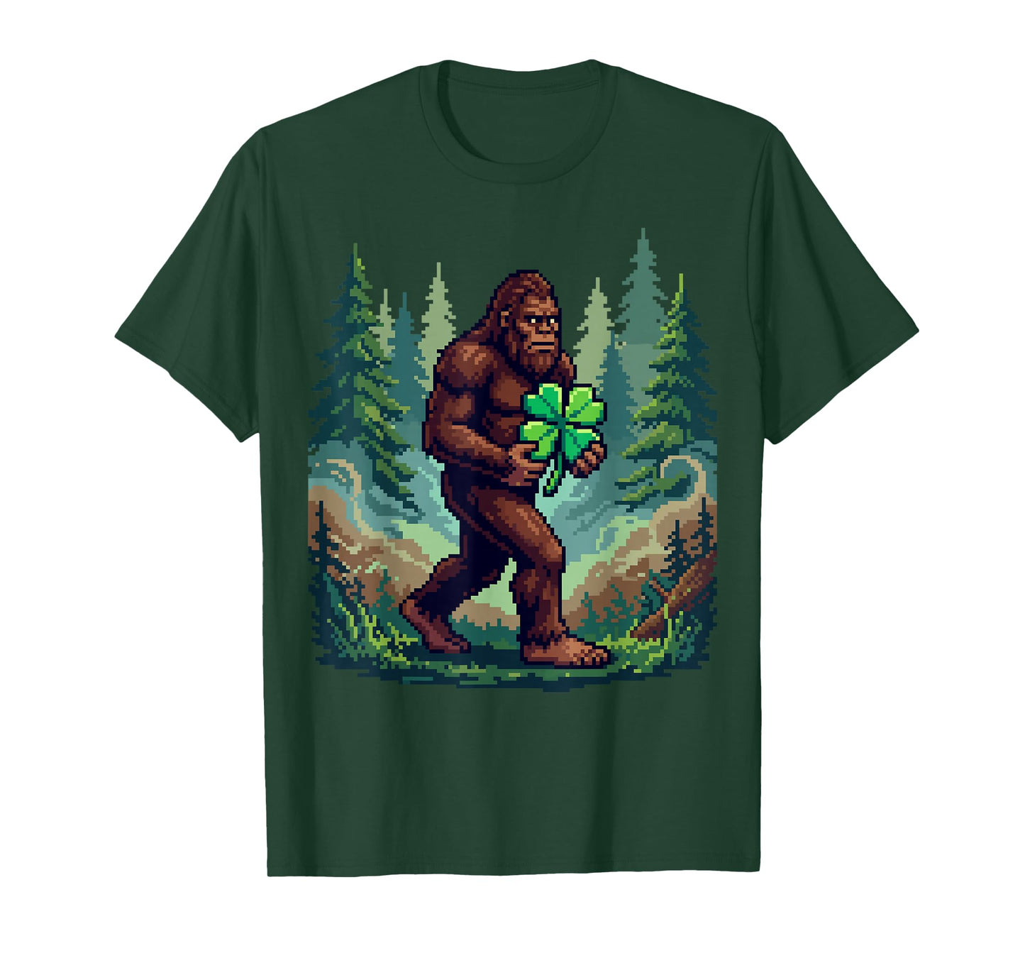 St Patricks Day Bigfoot Sasquatch Shamrock Lucky Pixel Art T-Shirt