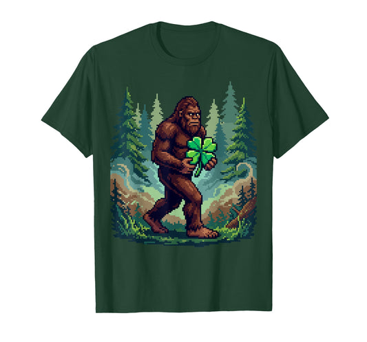 St Patricks Day Bigfoot Sasquatch Shamrock Lucky Pixel Art T-Shirt