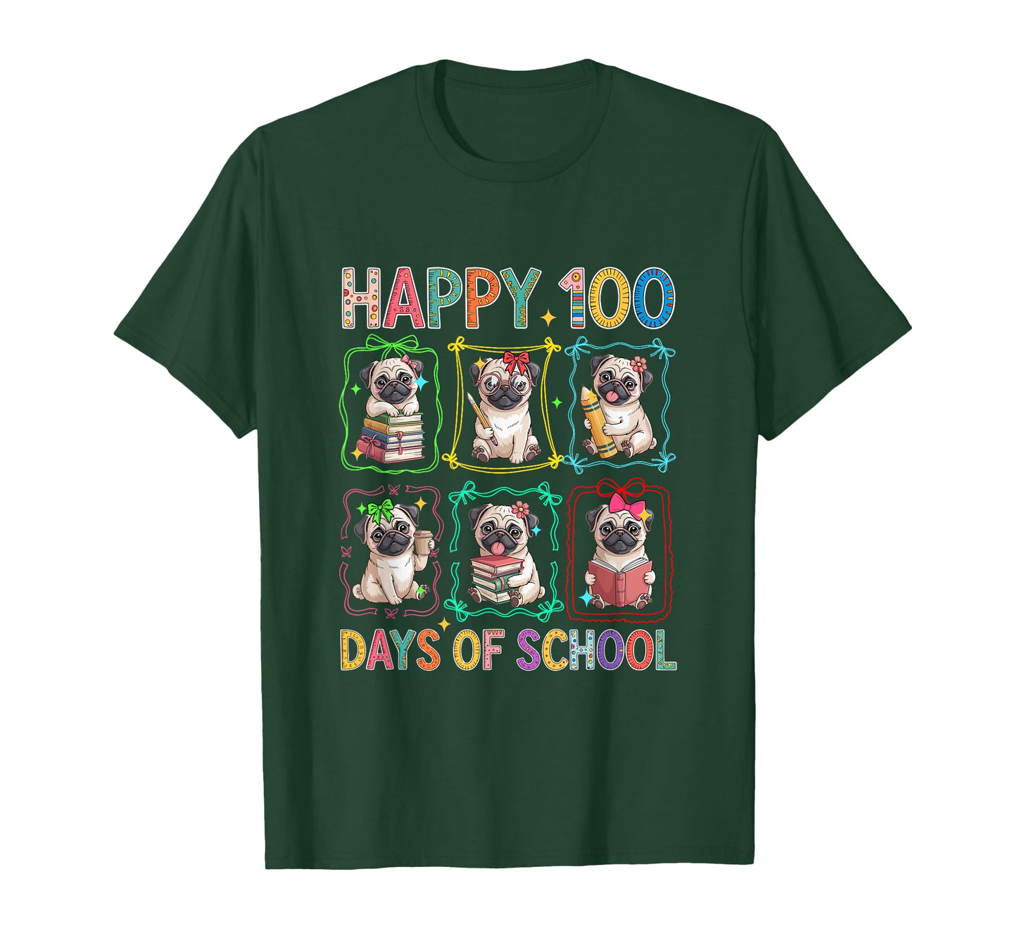 Happy 100 Days of School Colorful Group Pugs Students Kids T-Shirt