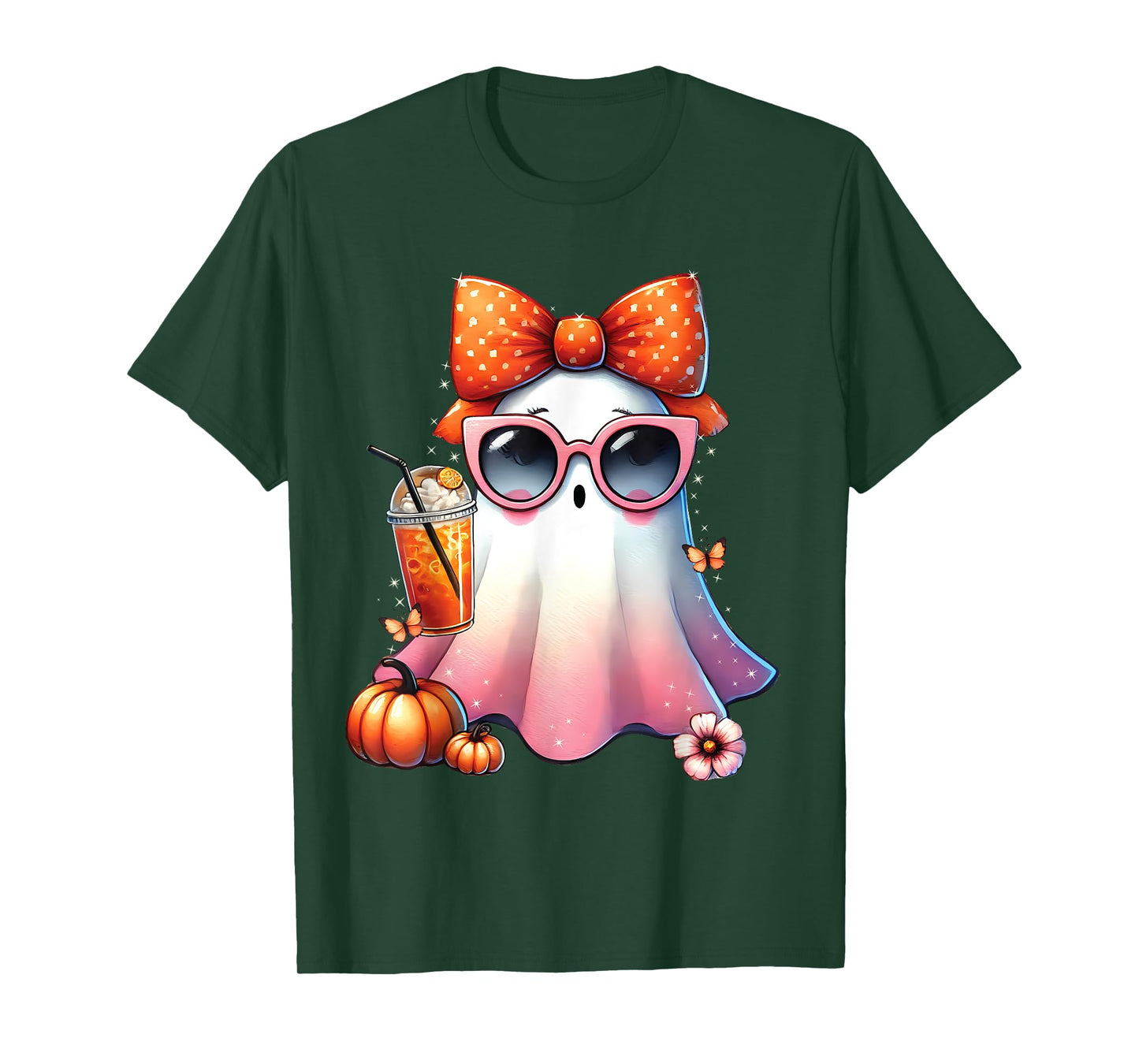 Cute Ghost Drinking Coffee With Halloween Bow Women Girls T-Shirt