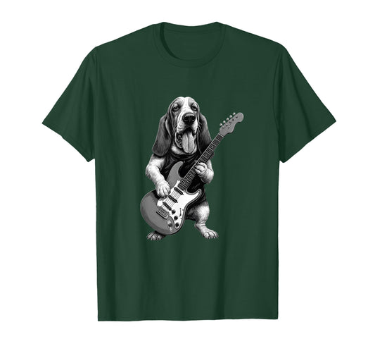 Basset Hound Playing Guitar Funny Basset Hound Dog Lover T-Shirt