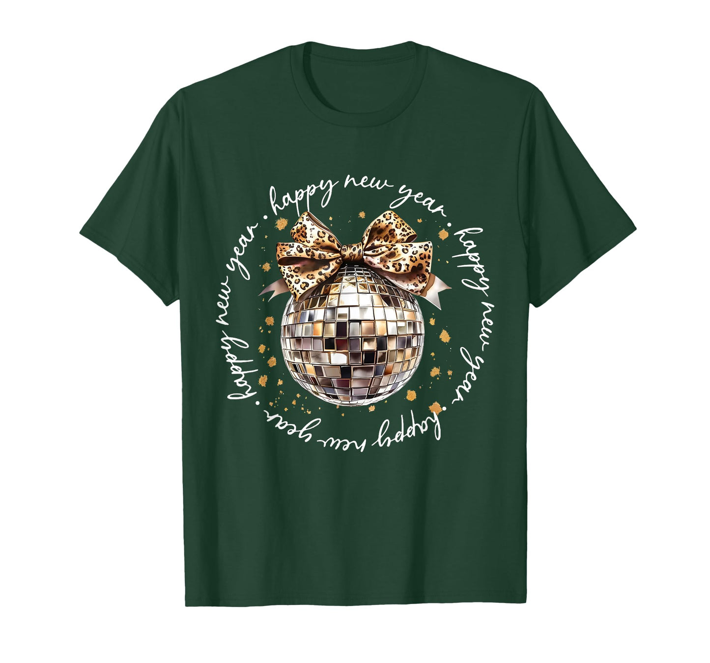 Happy New Year 2026 Disco Ball Leopard Pattern Bow Groovy T-Shirt