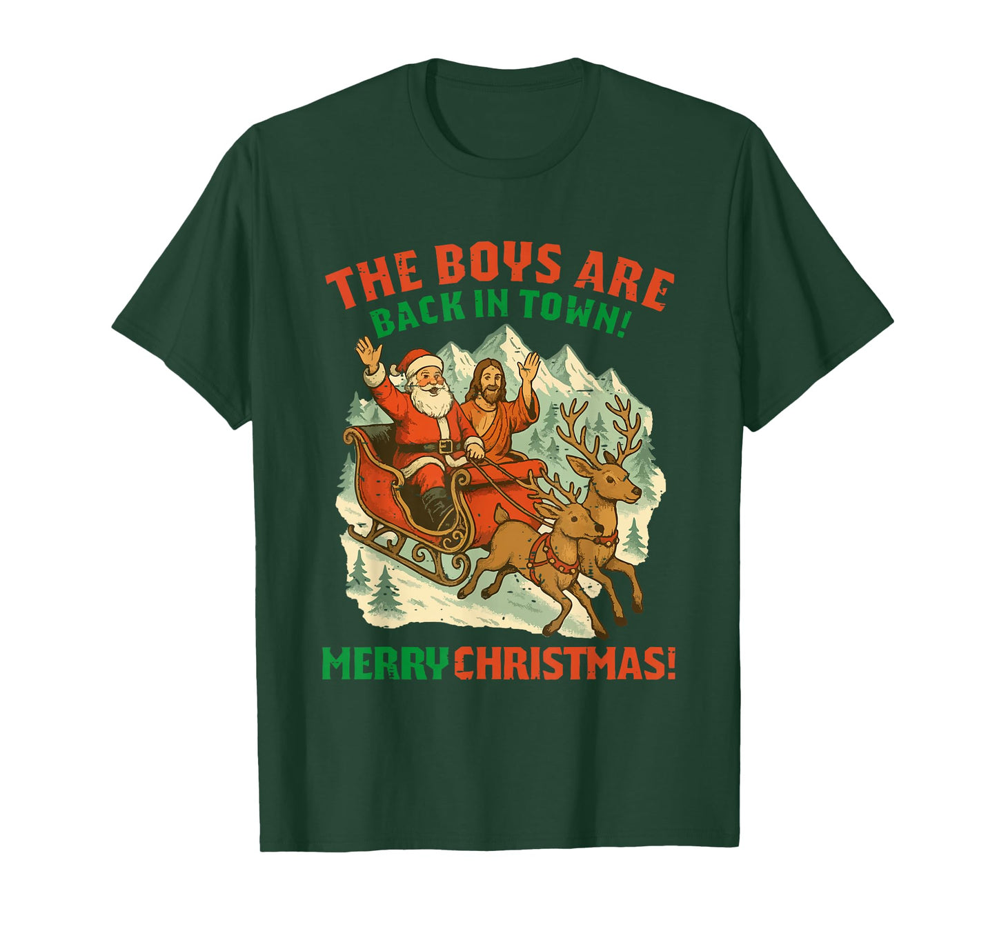 Retro Funny Santa Jesus The Boys are Back in Town Christmas T-Shirt