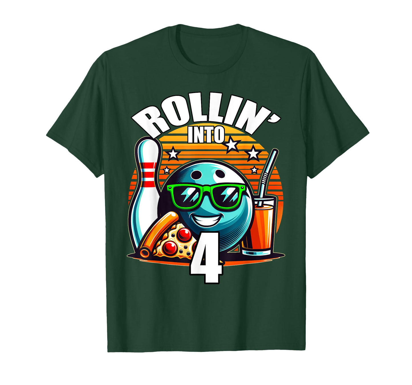Rollin into 4 Bowling Birthday Party 4th Birthday Retro Kids T-Shirt