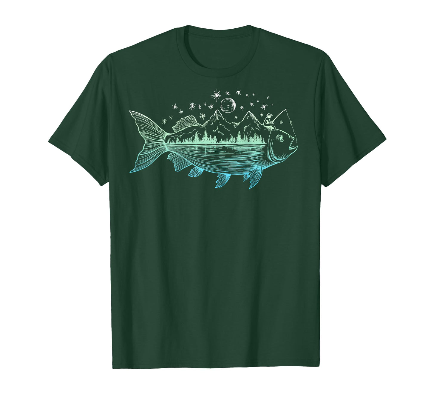 On Back Cool Fish Shaped from Mountains Nature Scene Fishing T-Shirt