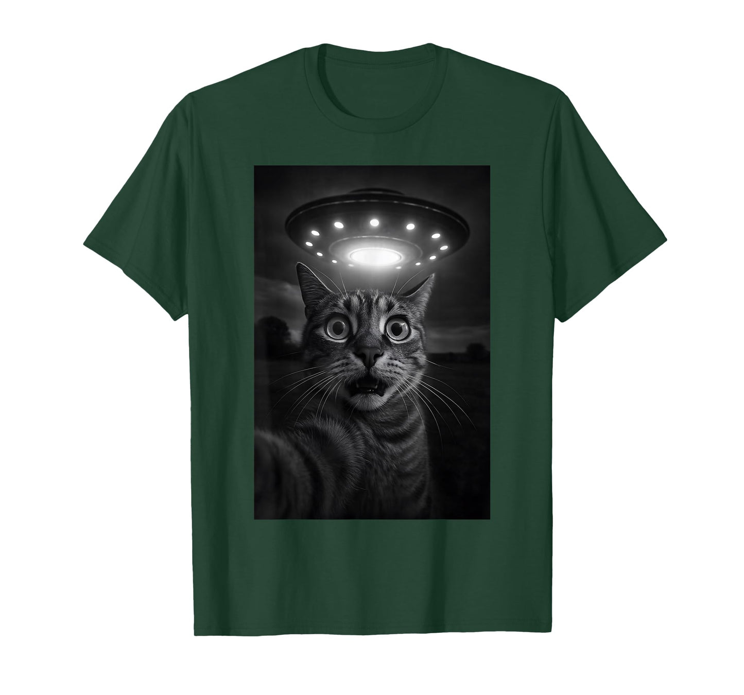 Shocked Cat Selfie Alien UFO Encounter for Teens Boys Girls T-Shirt