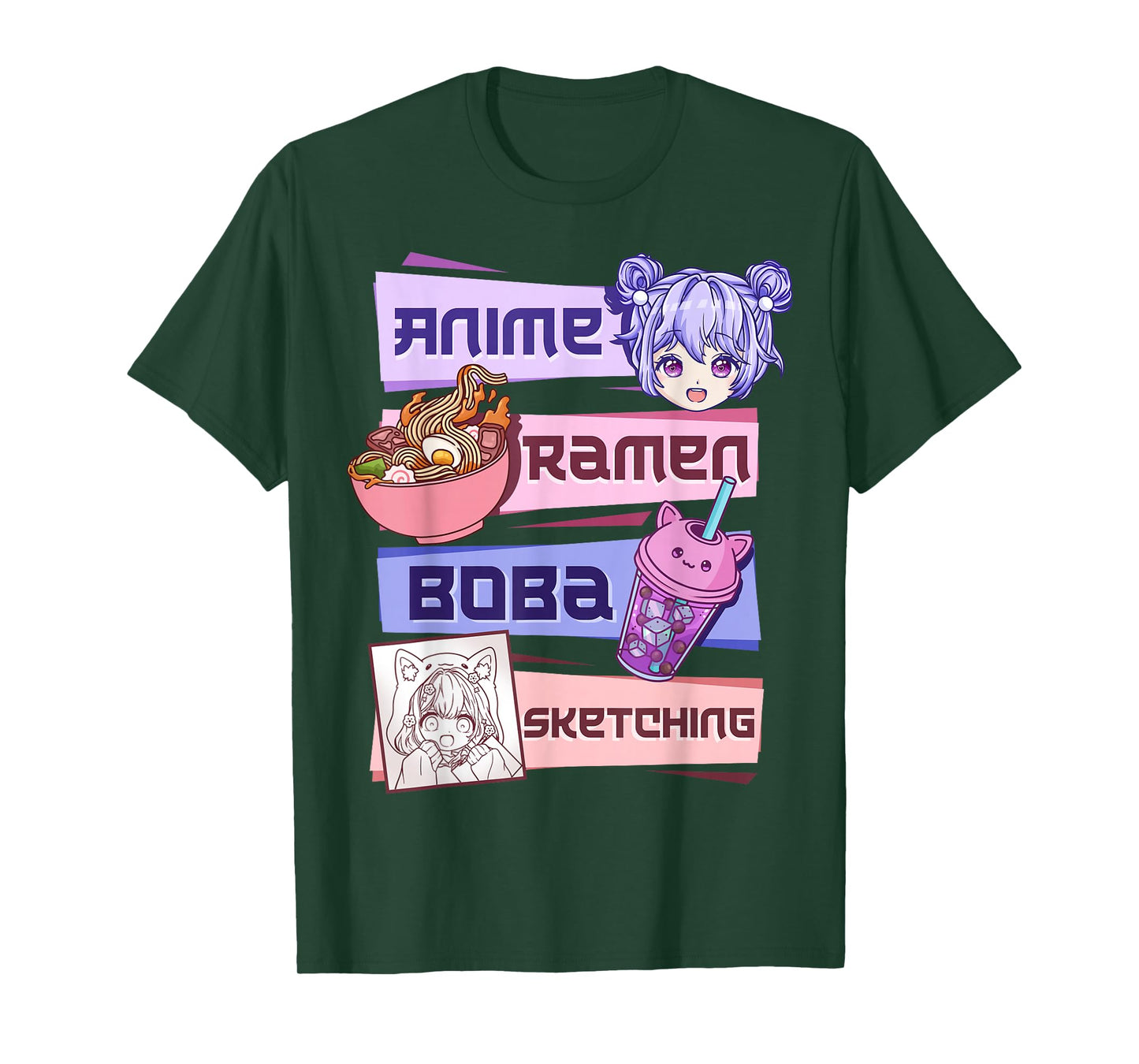 Anime Girl Ramen Boba Tea Bubble Tea Sketching T-Shirt