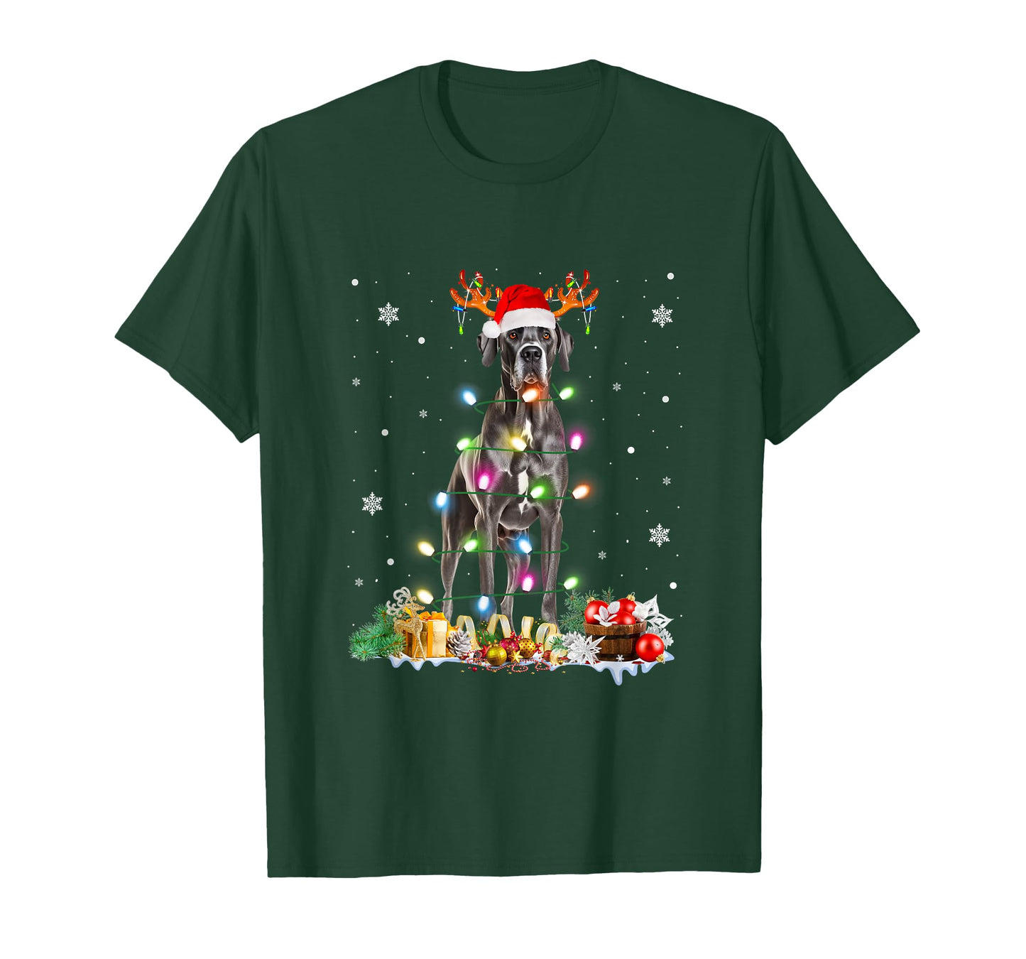Great Dane Christmas Santa Hat Fairy Lights Pajama Dog Lover Men Women Kids T-Shirt