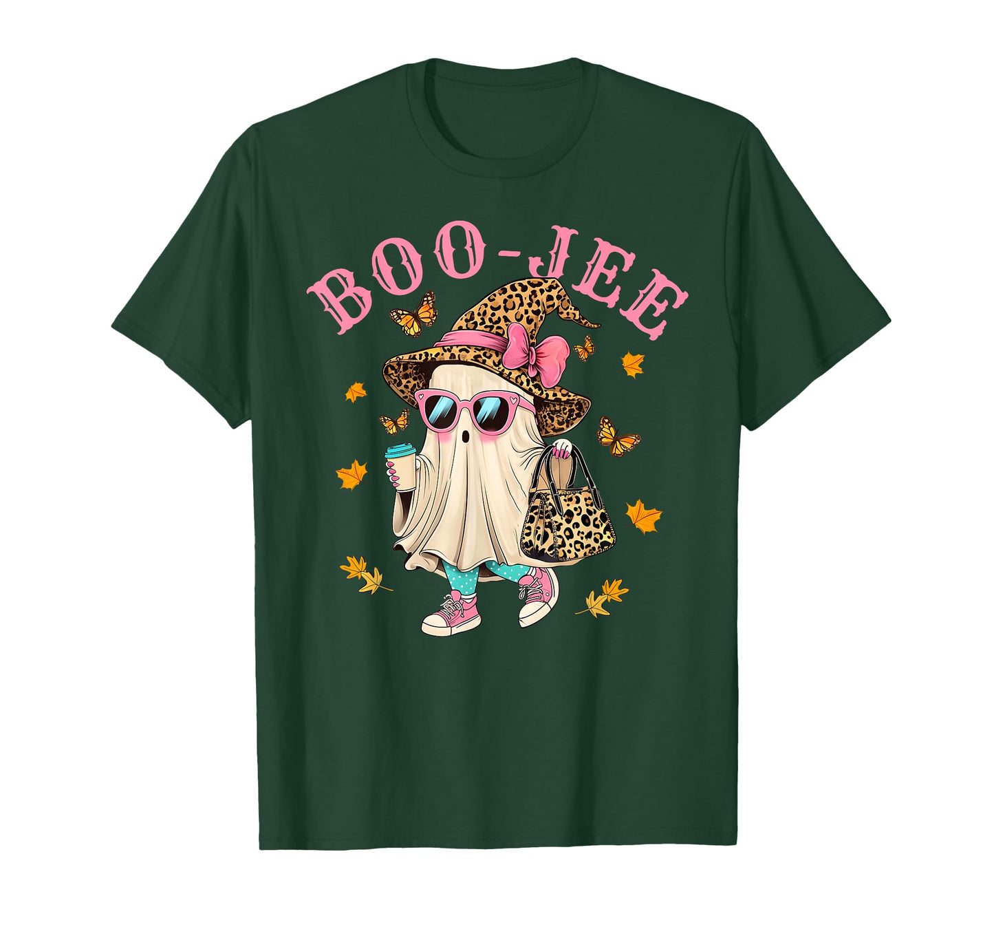 Cute Boo Jee Leopard Ghost Halloween Coffee Women Girl T-Shirt