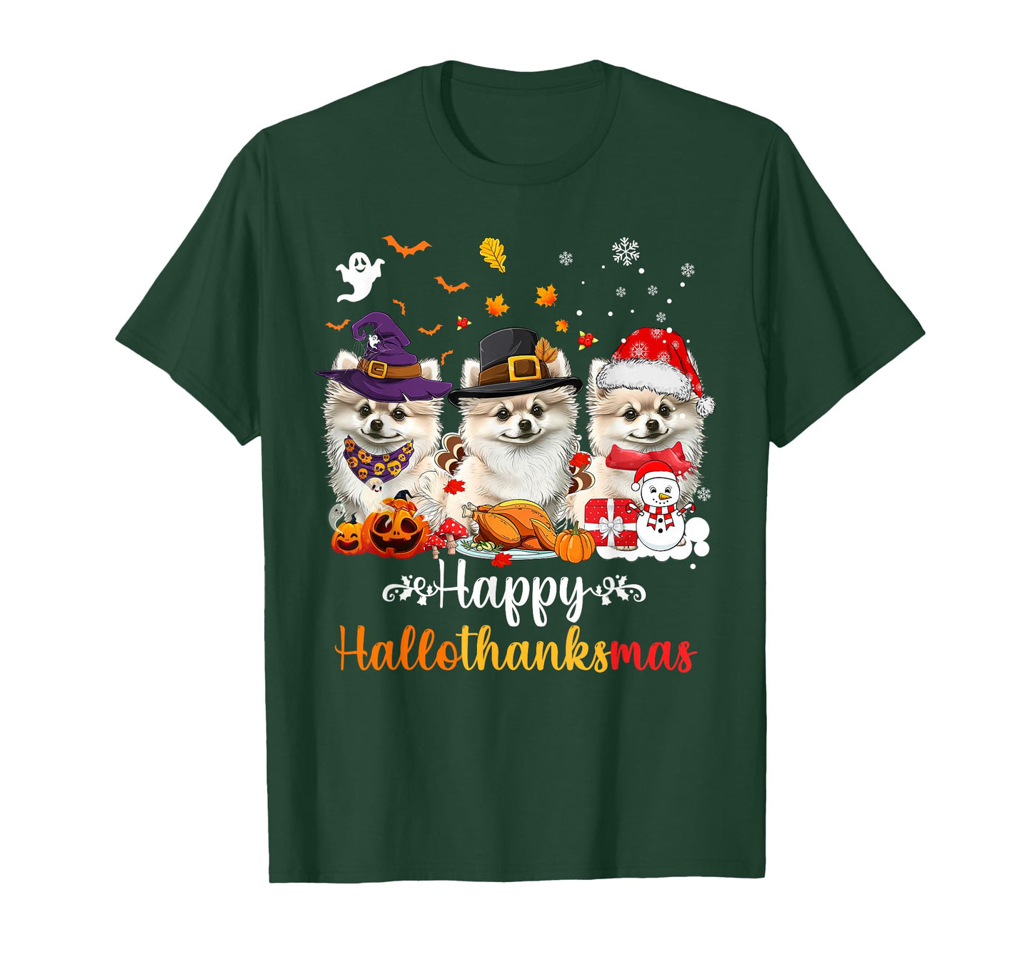 Happy Hallothanksmas Pomeranian Dog Halloween Christmas T-Shirt