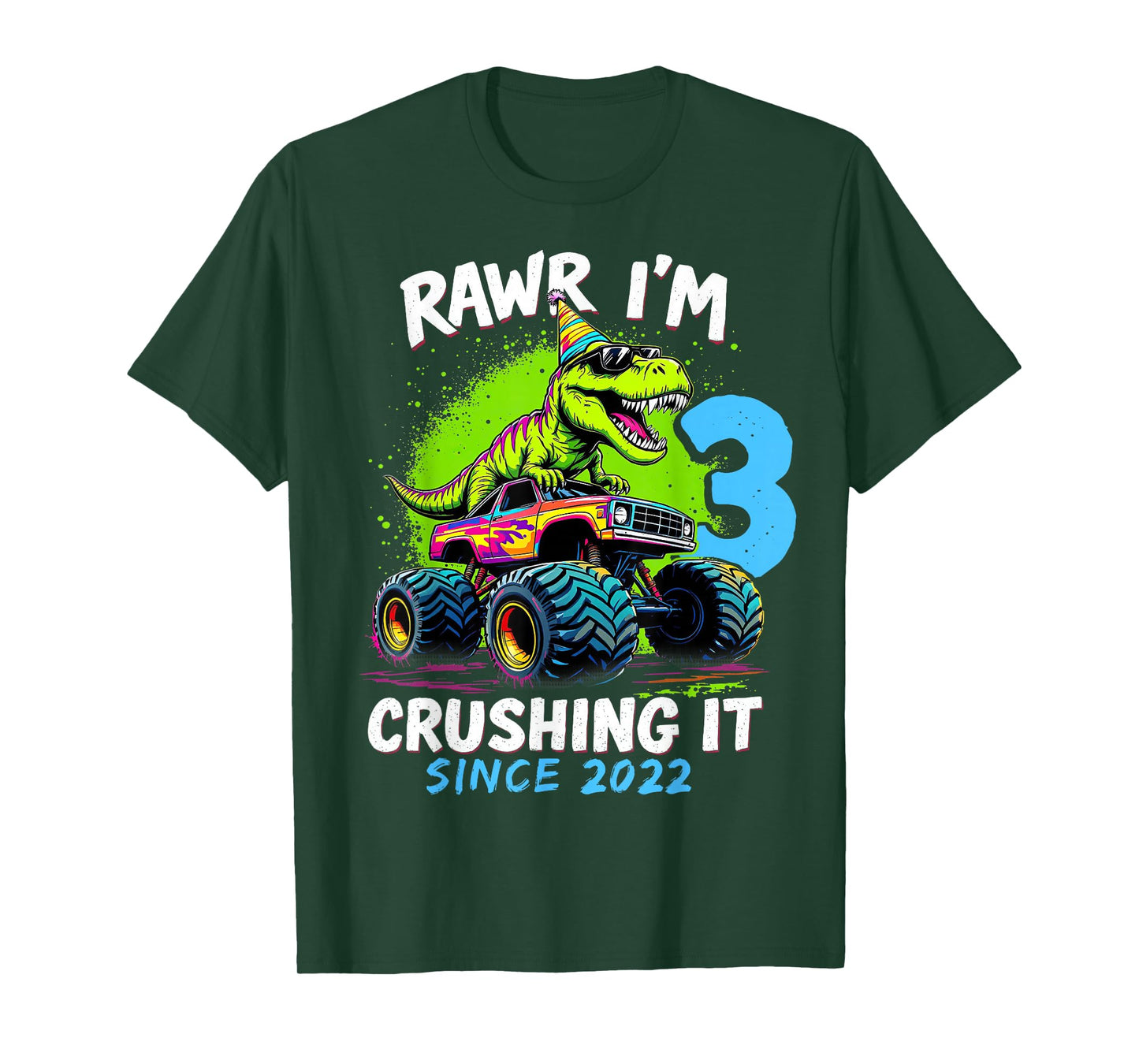 3rd Birthday Monster Truck Dinosaur Party Boys Rawr I'm 3 T-Shirt