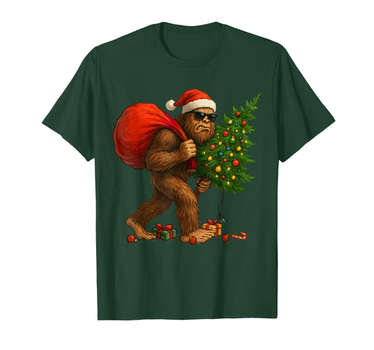 Bigfoot Stealing Christmas Tree Lights Xmas Boys Men Sasquax T-Shirt