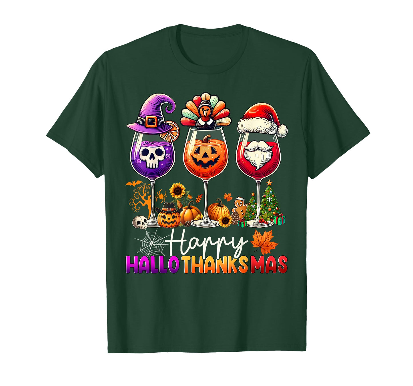 Happy Hallothanksmas Wine Halloween Thanksgiving Christmas T-Shirt