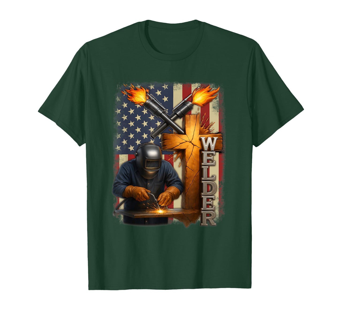 Welder USA Flag Cross Welding Faith Christian Work Pride T-Shirt