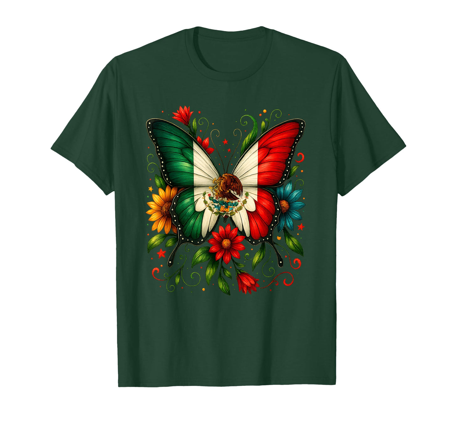 Mexico Flag Butterfly Flowers Mexican Independence Day Kids T-Shirt
