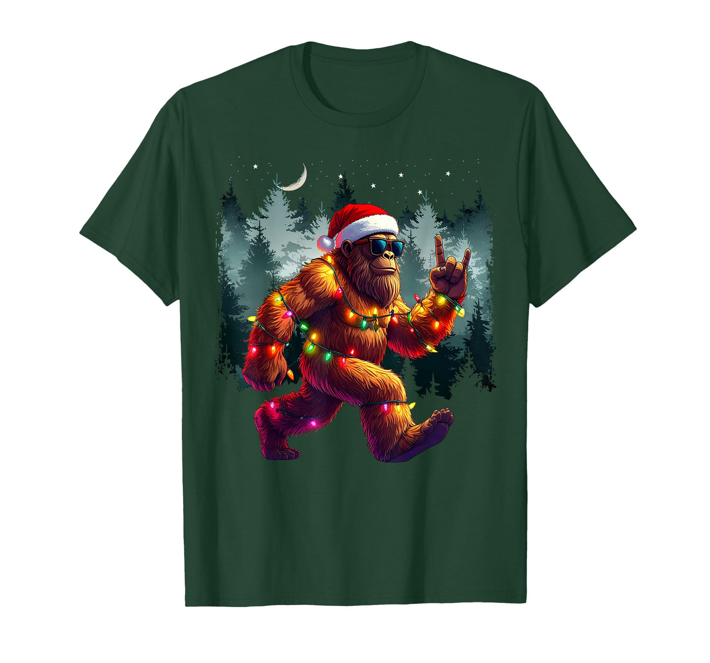 Cool Devil Horns Sasquatch Holiday Lights Christmas Bigfoot T-Shirt