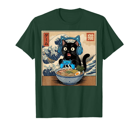 Cute Kawaii Gamer Cat Funny Ramen Japanese Cat Gaming T-Shirt