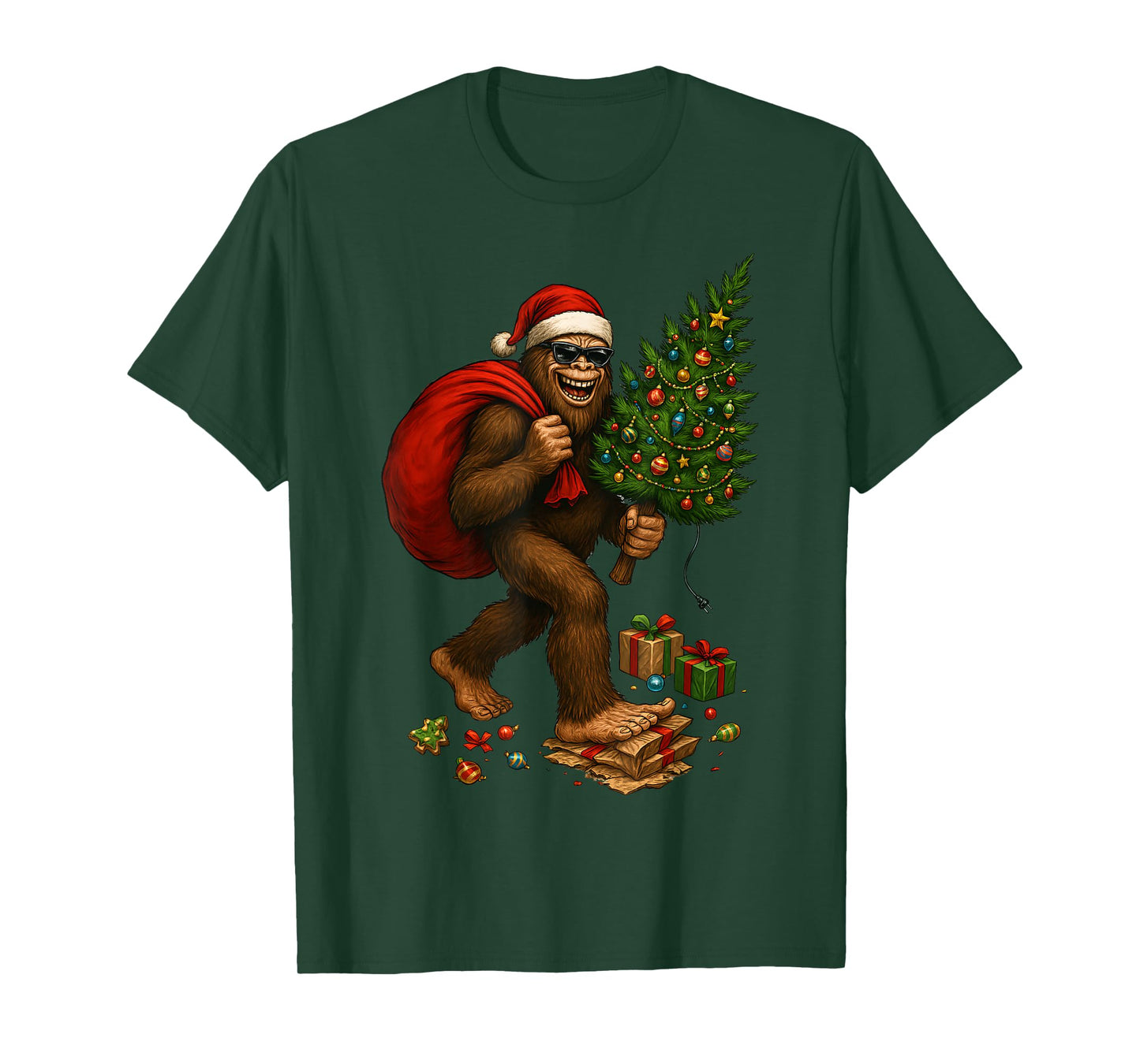 Bigfoot Santa Christmas Tree Lights Xmas Boys Men Sasquax T-Shirt
