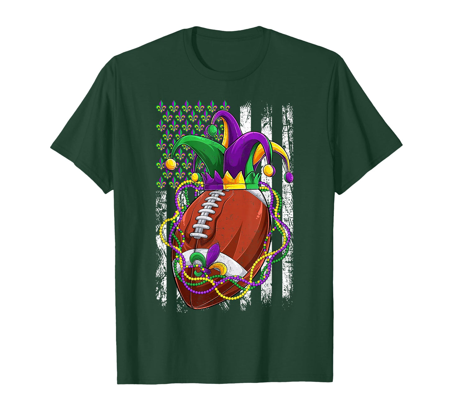 Funny Football With Jester Hat & Beads USA Flag Mardi Gras T-Shirt