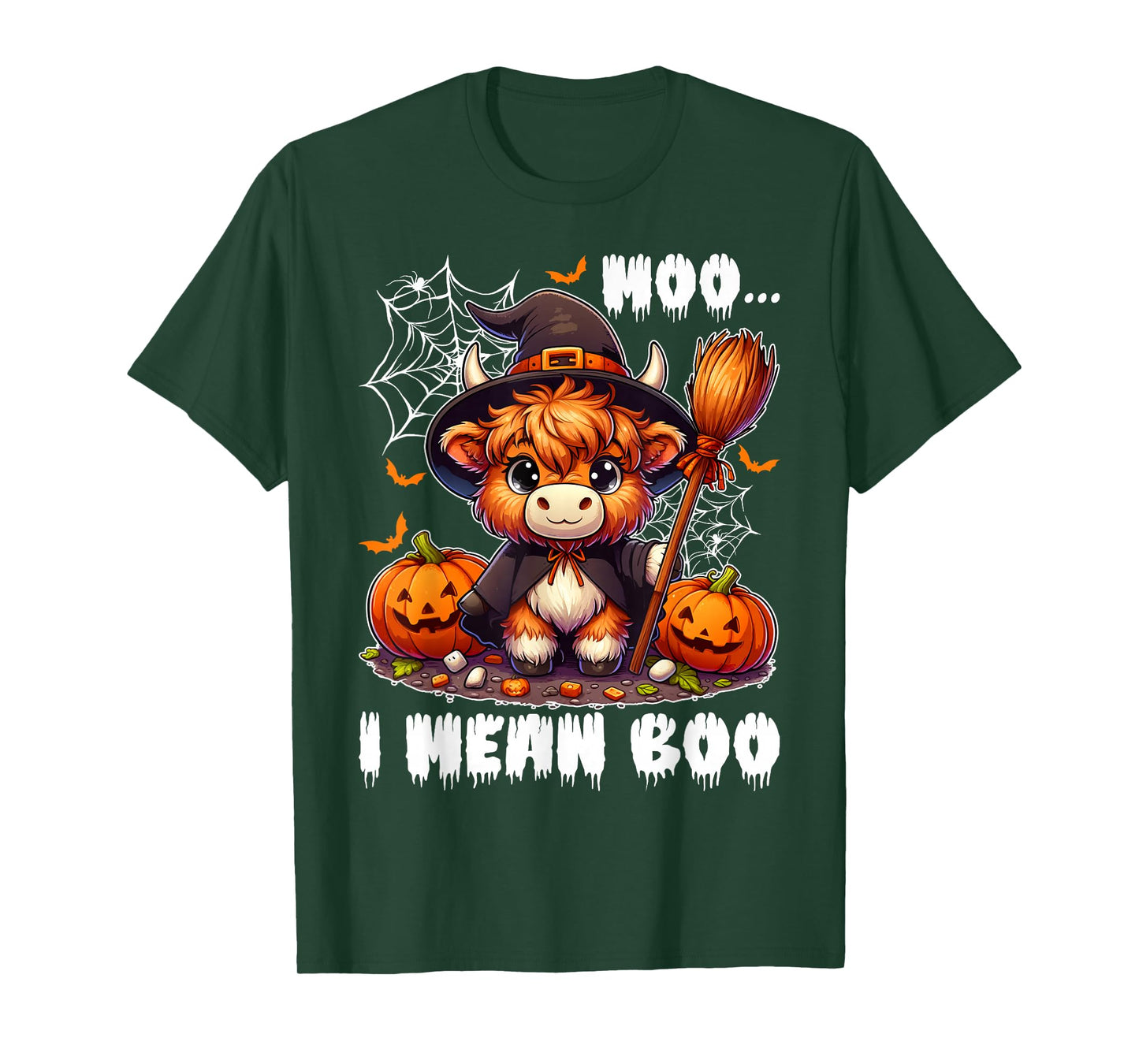 Moo I Mean Boo Highland Cow in Witch Costume Halloween Day T-Shirt