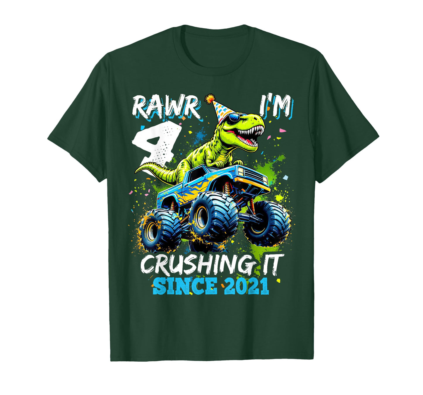 4th Birthday Monster Truck Dinosaur Party Boys Rawr I'm 4 T-Shirt