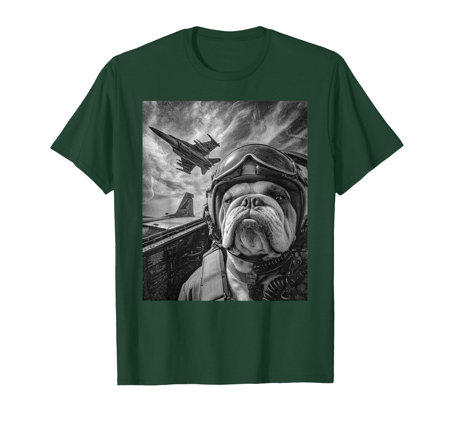 Funny English Bulldog Selfie Fighter Jet Pilot Aviation Art T-Shirt