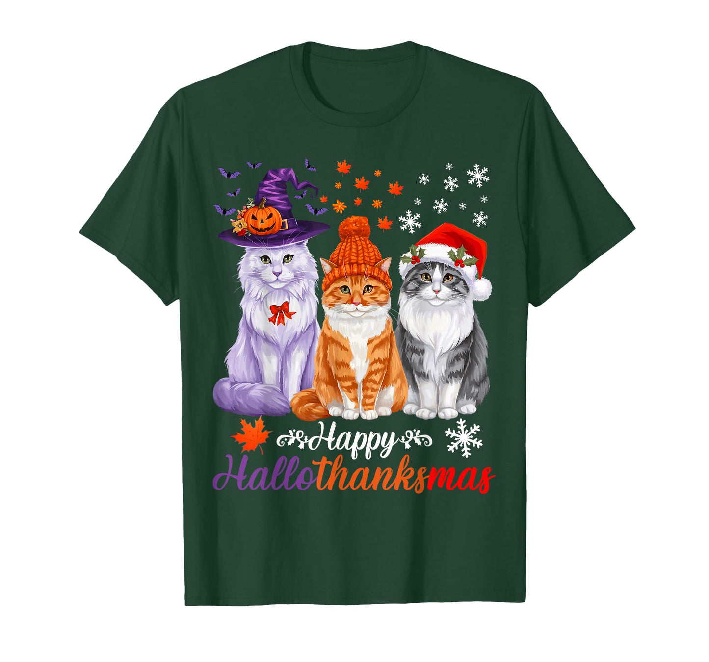 Happy HalloThanksMas Cats Halloween Thanksgiving Christmas T-Shirt