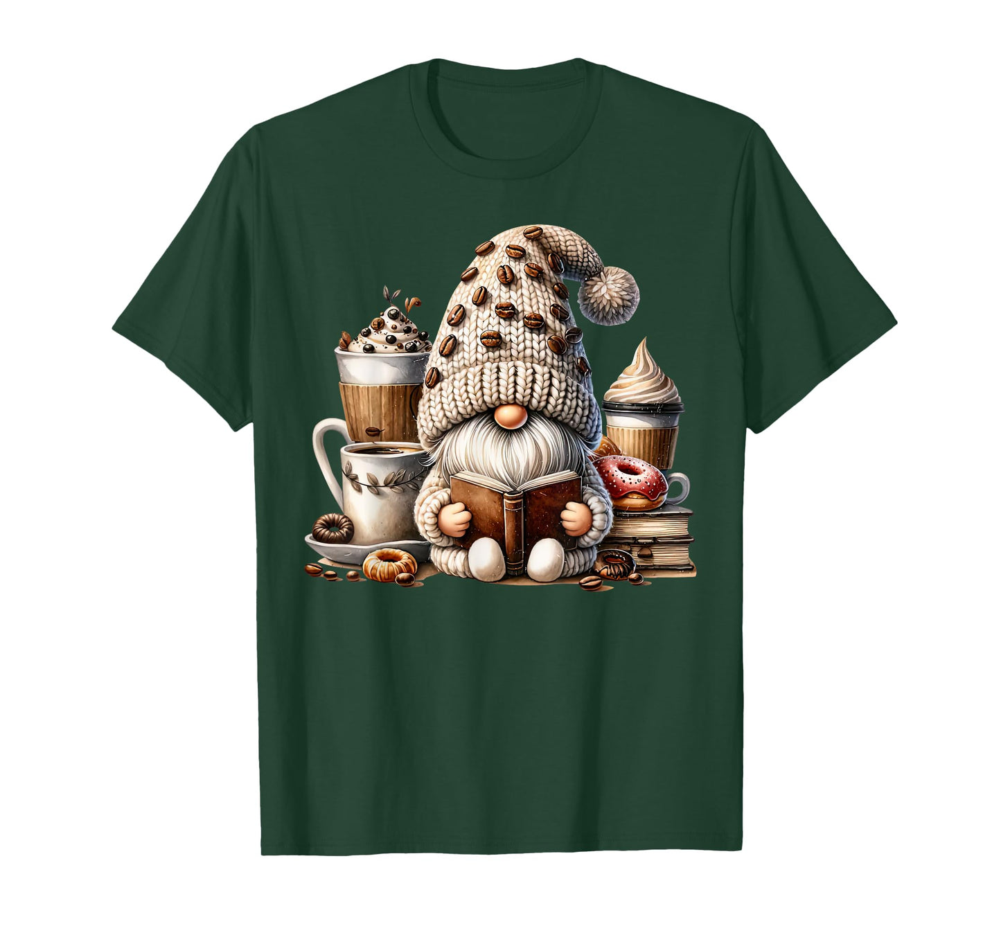 Vintage Cute Gnome Reading Book Coffee Latte Men Women Kids T-Shirt
