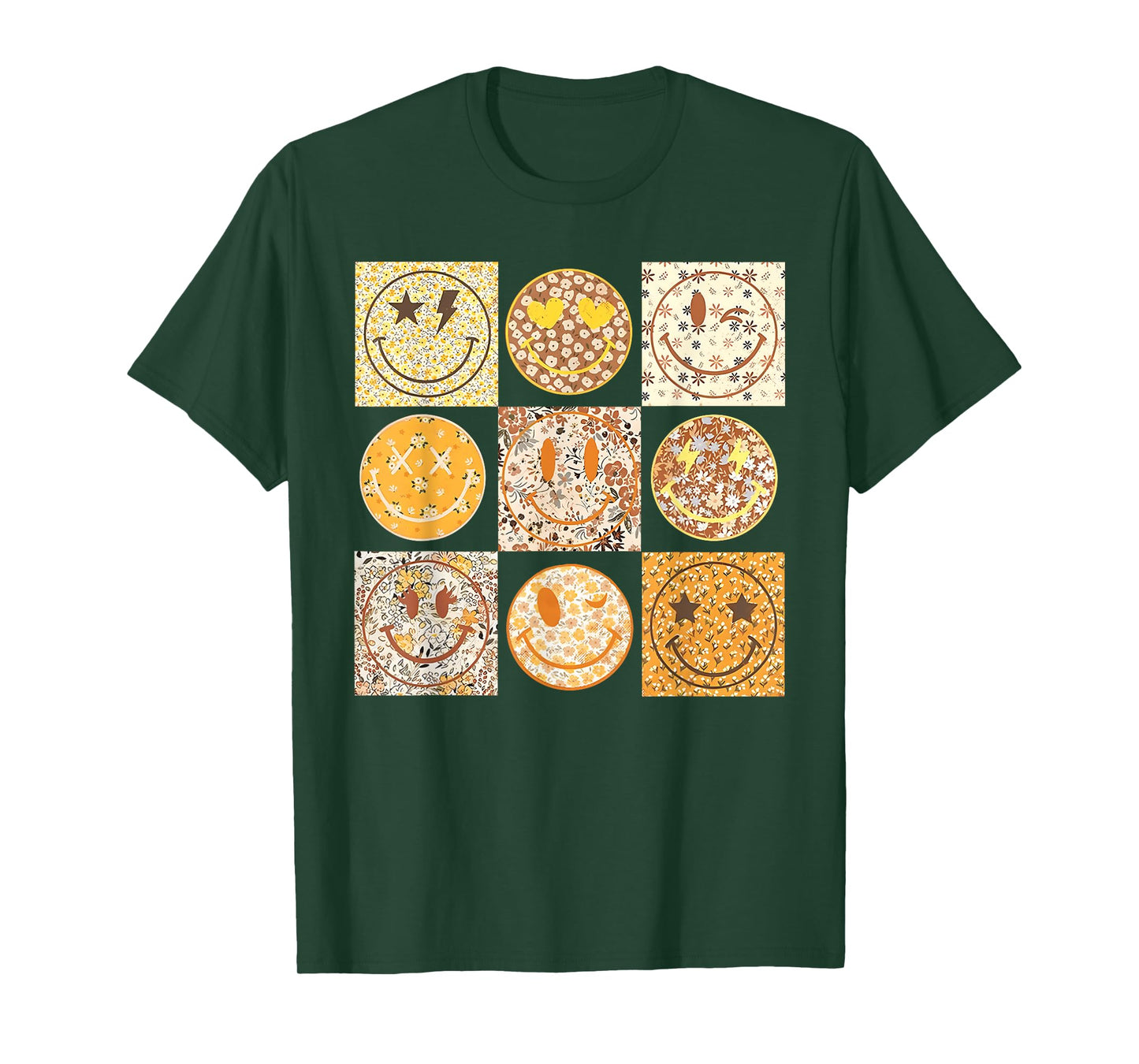 Fall Happy Face Checkered Pattern Smile Face Floral T-Shirt
