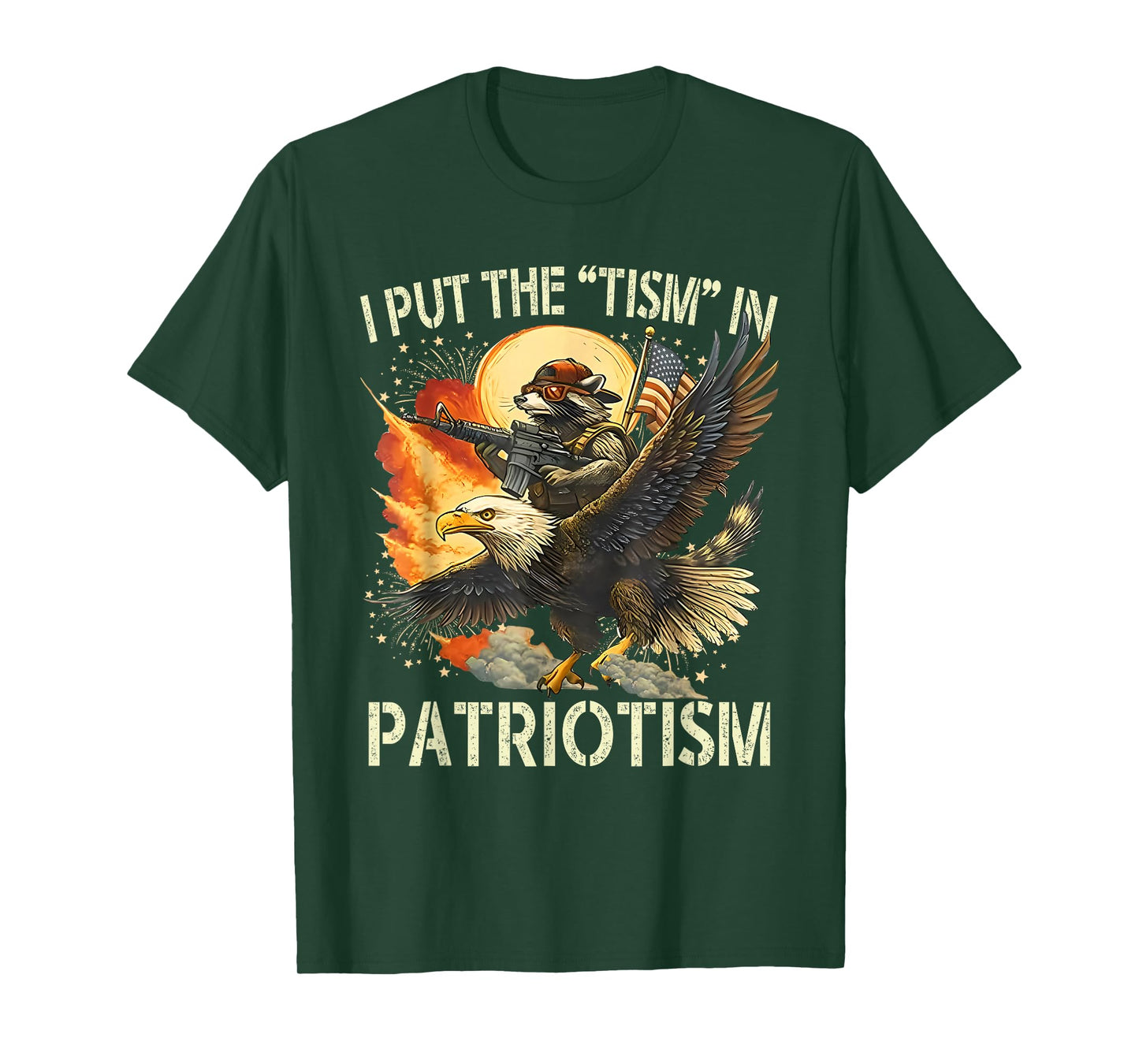 I Put The “Tism” in Patriotism Retro Eagle Raccoon USA Flag T-Shirt