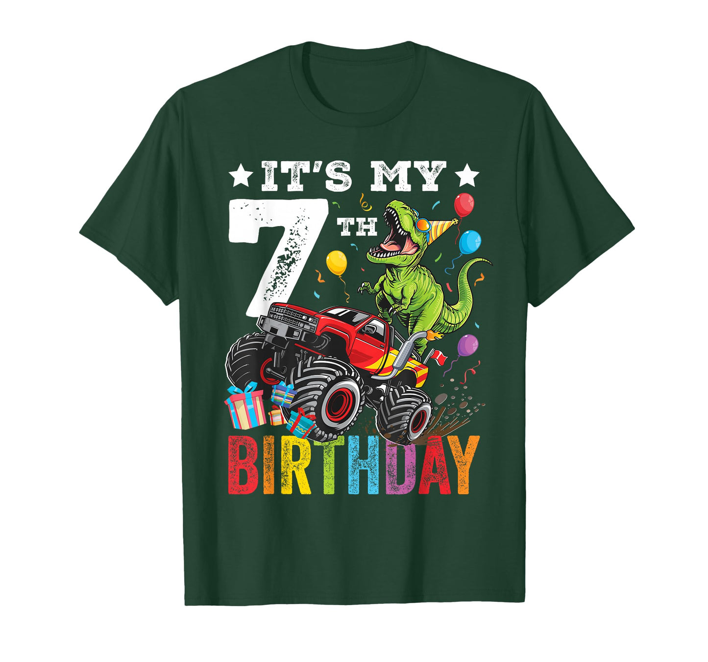 Seven 7th Birthday Dinosaur Monster Truck T-Shirt