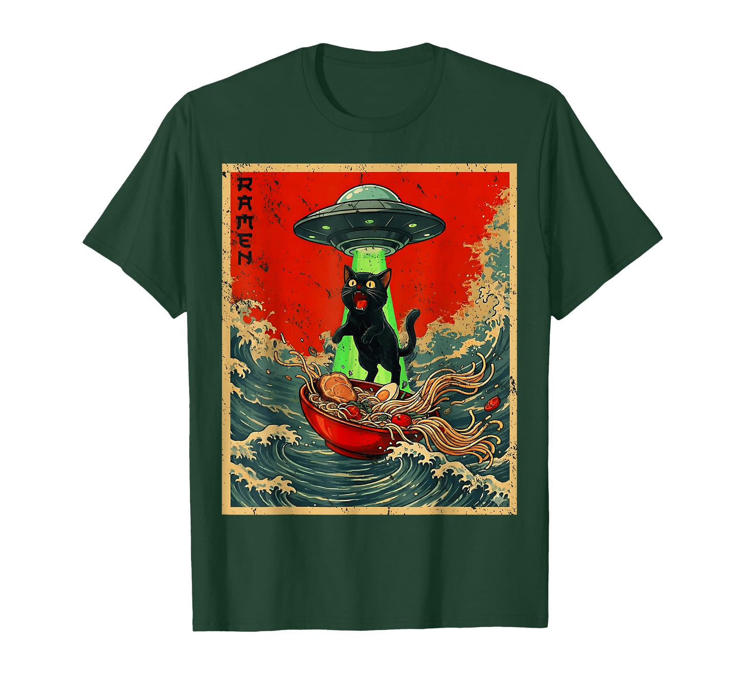 Vintage Japanese Cat Alien Ramen Dad UFO Funny Cats Graphics T-Shirt