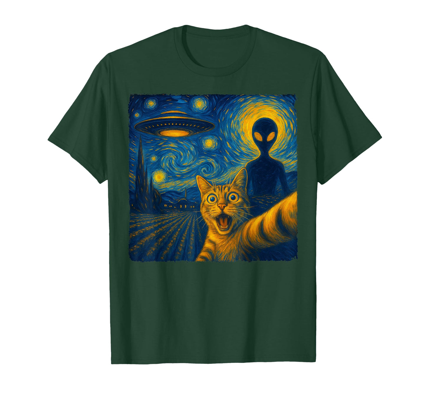 Cat Selfie with Alien UFO Van Gogh Art Gifts Men Women Kid T-Shirt