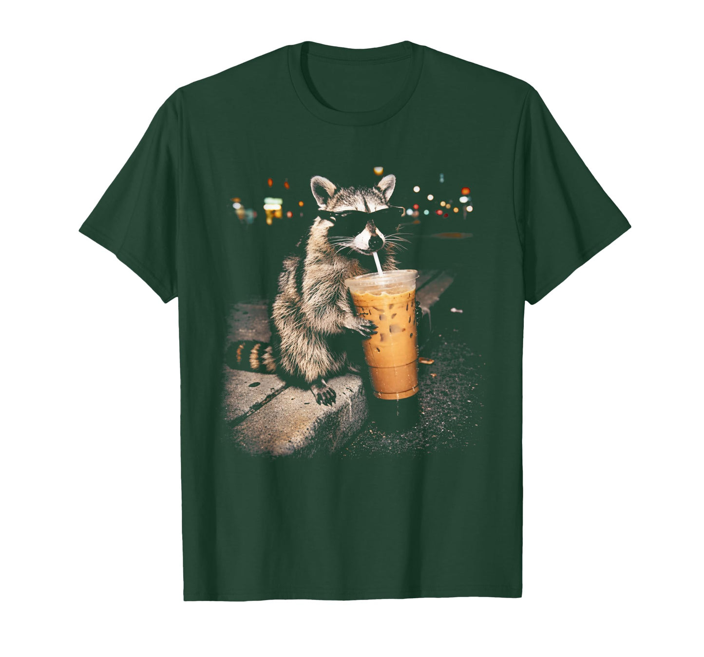 Raccoon Drinking Iced Coffee Funny Animal Meme Men Women T-Shirt