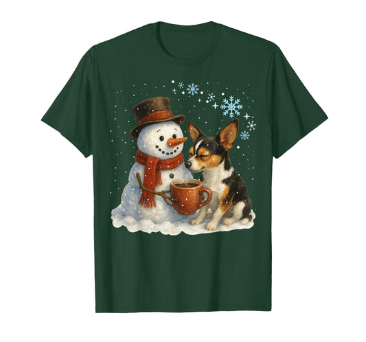 Tricolor Chihuahua and Snowman Friends Share Coffee in Snow T-Shirt