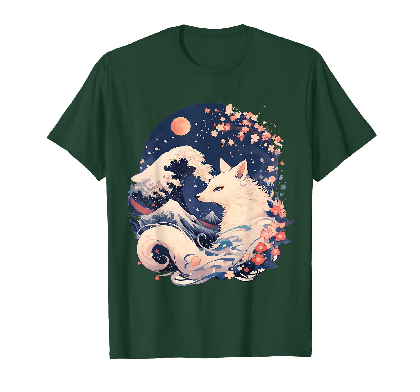Mystic Kitsune with Cherry Blossoms and Mt. Fuji T-Shirt