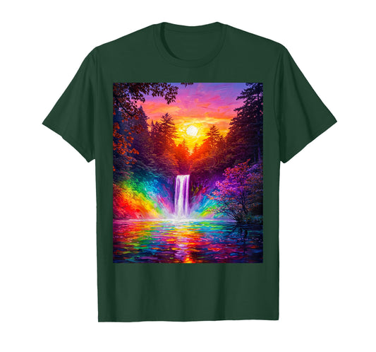 Moon Night Waterfall Abstract Art Forest Trees Painting T-Shirt
