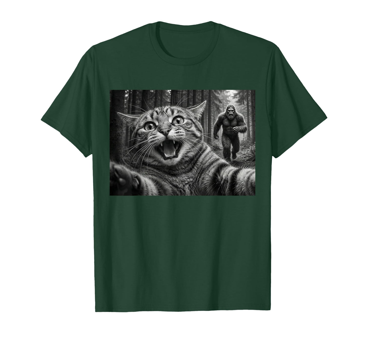Funny Cat Selfie with Bigfoot Sasquatch Chase in Woods T-Shirt