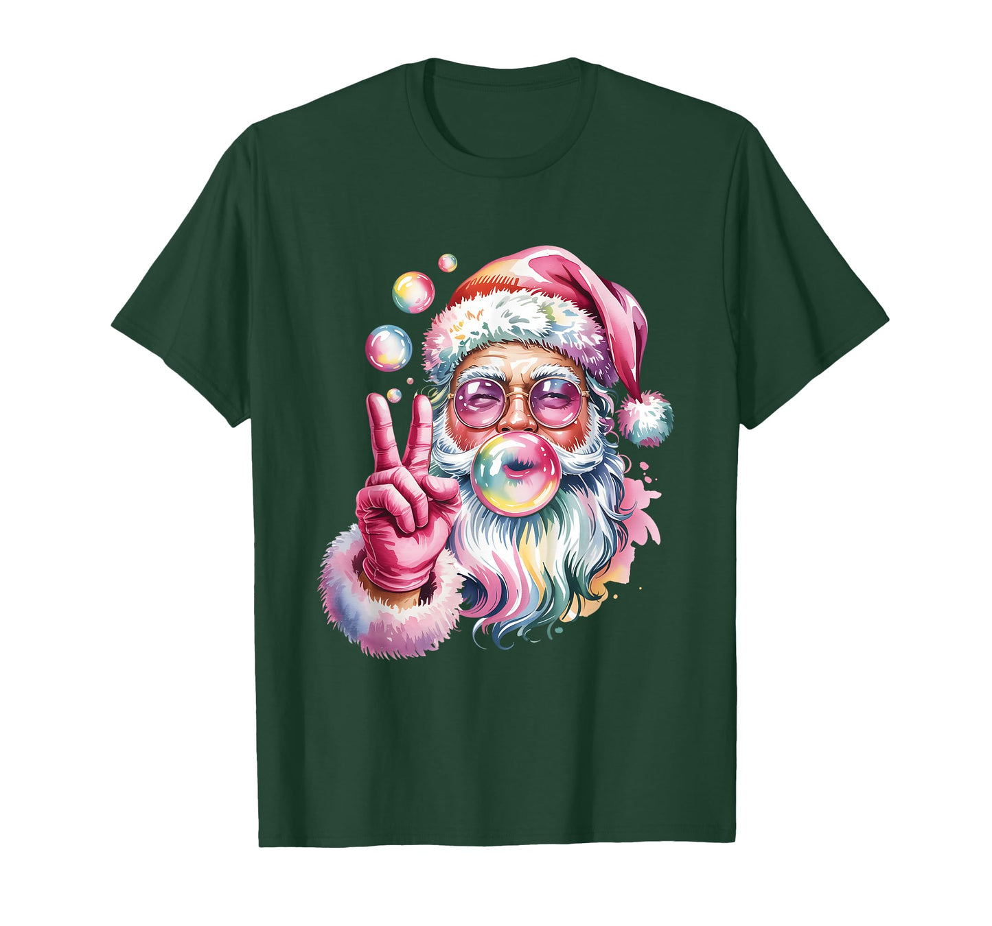Rainbow Santa Bl0wing Bubble Gum Christmas Peace Sign Hand T-Shirt