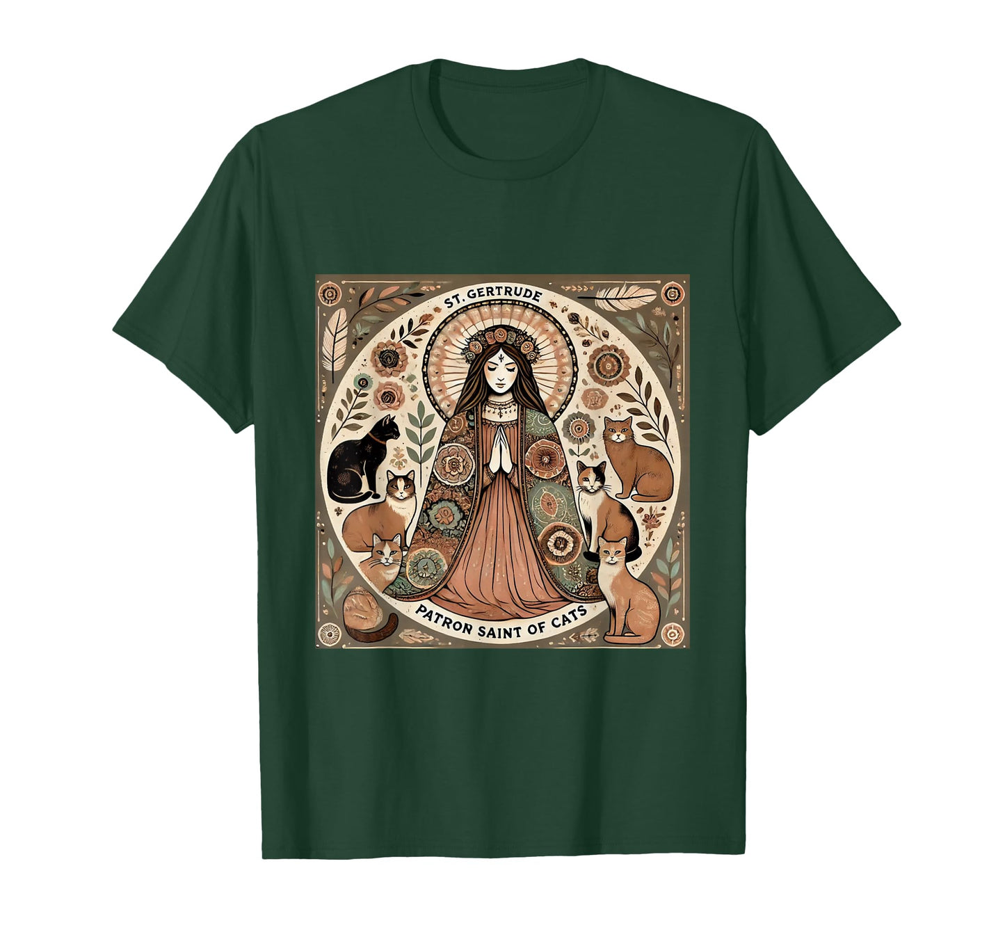 Saint Gertrude Patron St of Cats Folk Art T-Shirt
