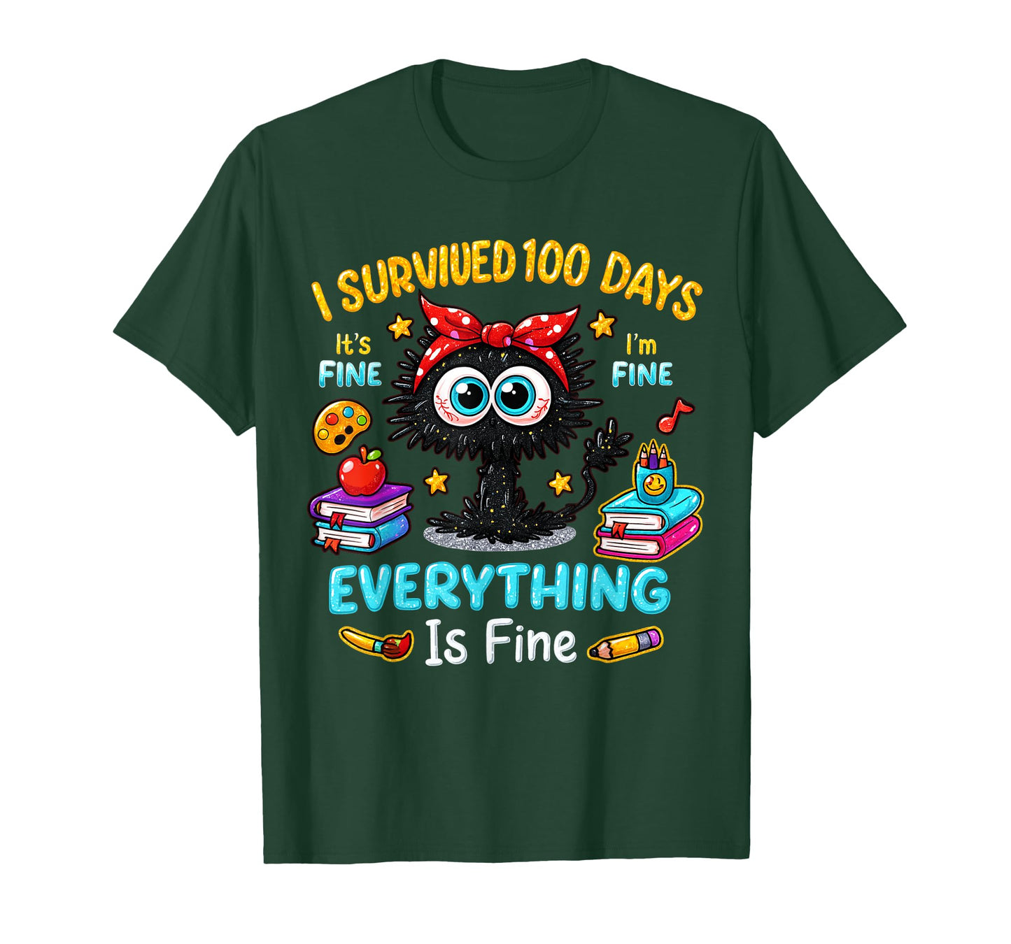 I Survived 100 Days Black Cat Funny 100 Days Teacher Student T-Shirt