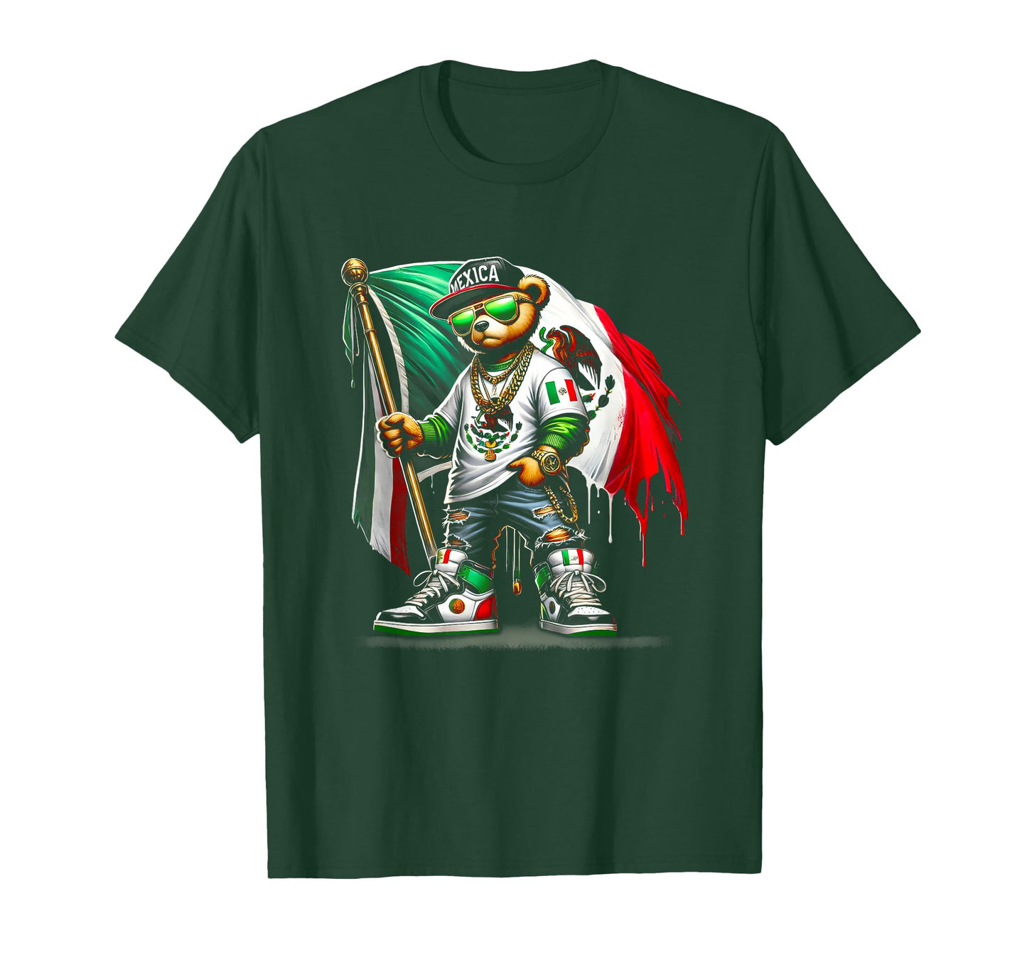 Teddy Bear In Hip Hop Costume Mexican Flag Mexico T-Shirt
