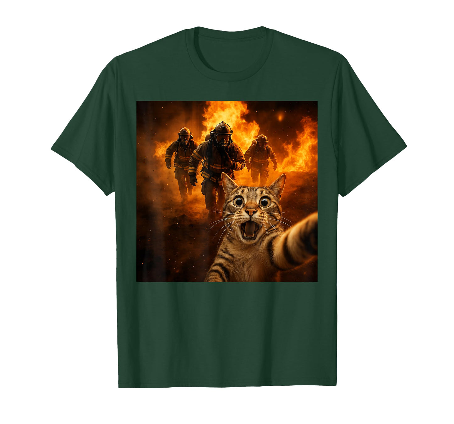 Cat Selfie with Firefighters Humor Cat Running from Fire T-Shirt