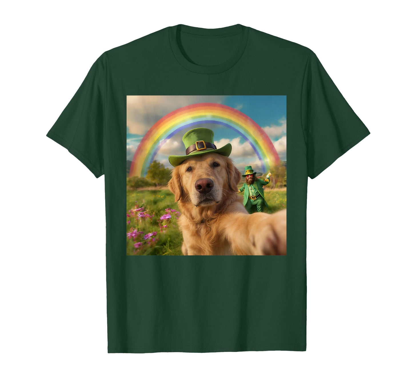 Golden Retriever Dog Selfie with Leprechaun St. Patricks Day T-Shirt
