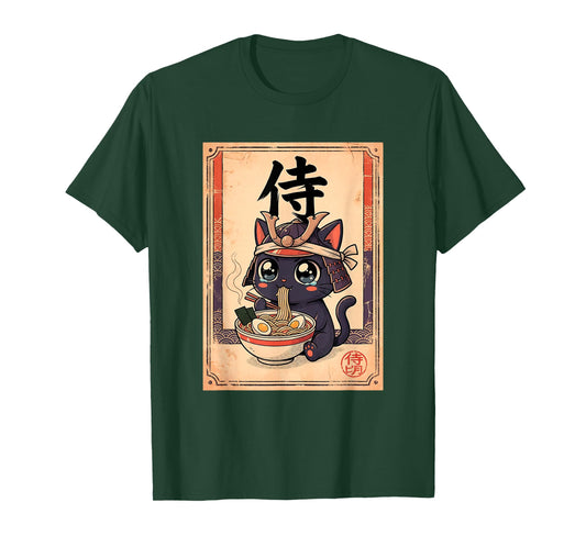 Japanese Samurai Ramen Cat Vintage Manga T-Shirt