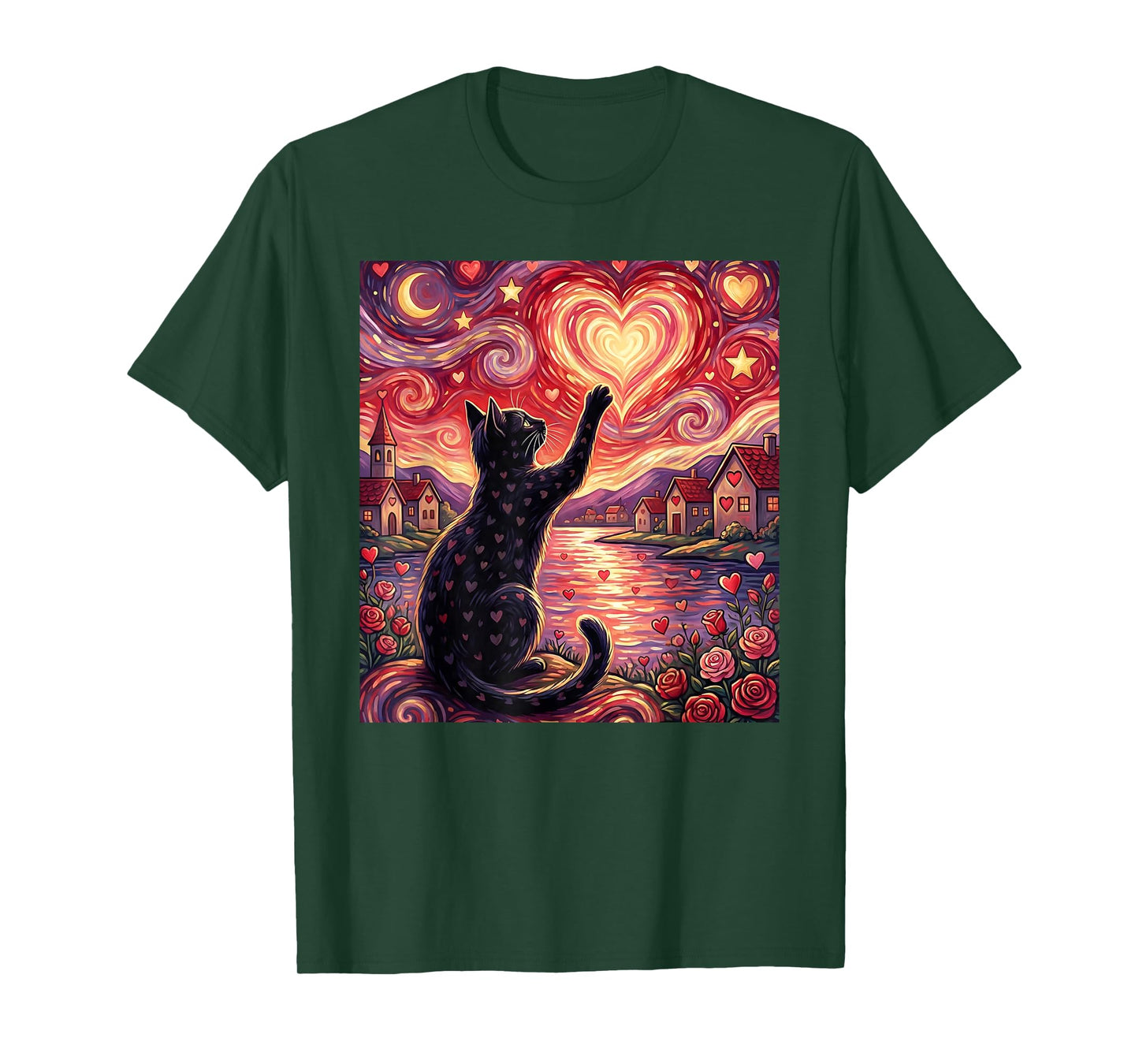 Starry Nights Cat Valentine Love-Hearts Roses Van-Gogh T-Shirt