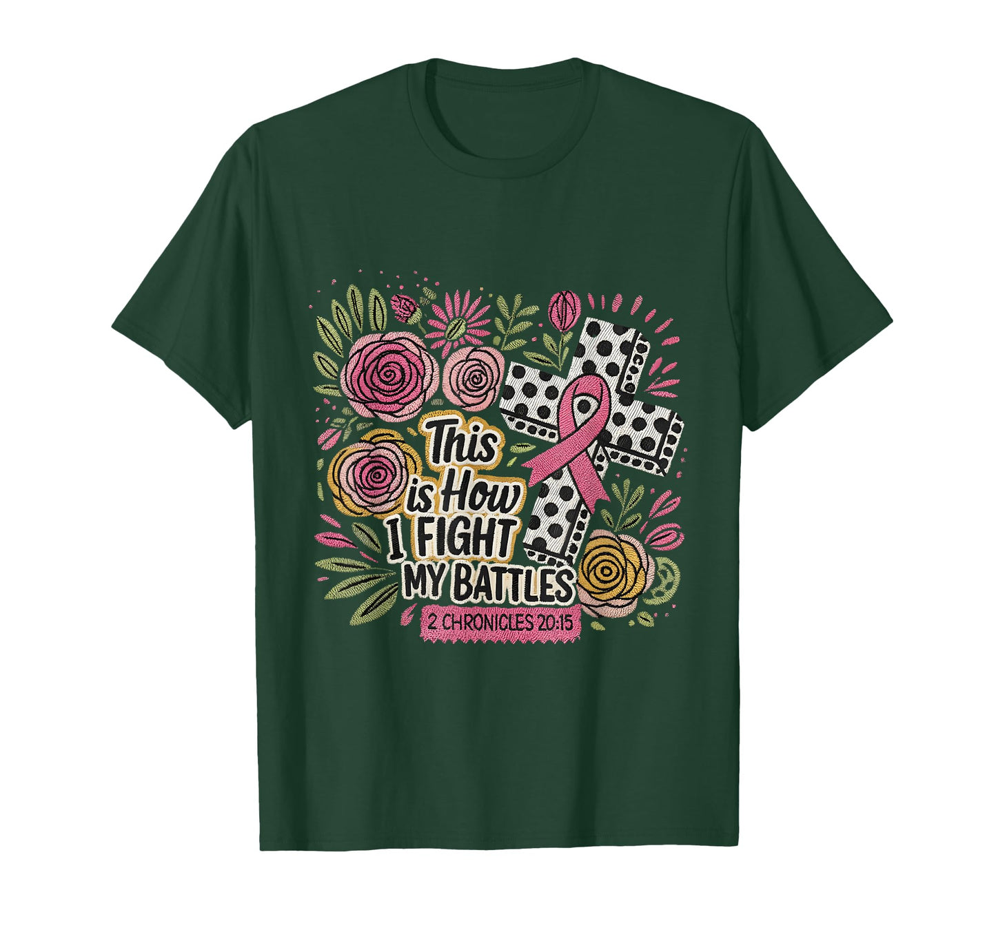 Faux Embroidery Cross Ribbon Floral Scripture Faith Art T-Shirt