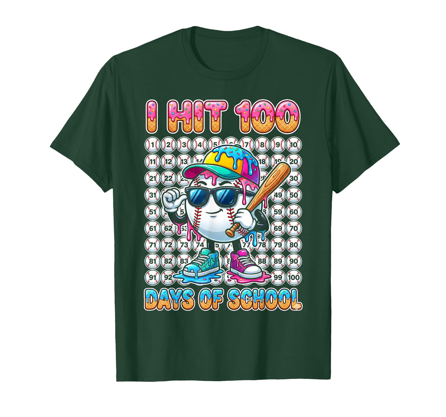 I Hit 100 Days of School Baseball Ice Cram Drip 100th Boys T-Shirt