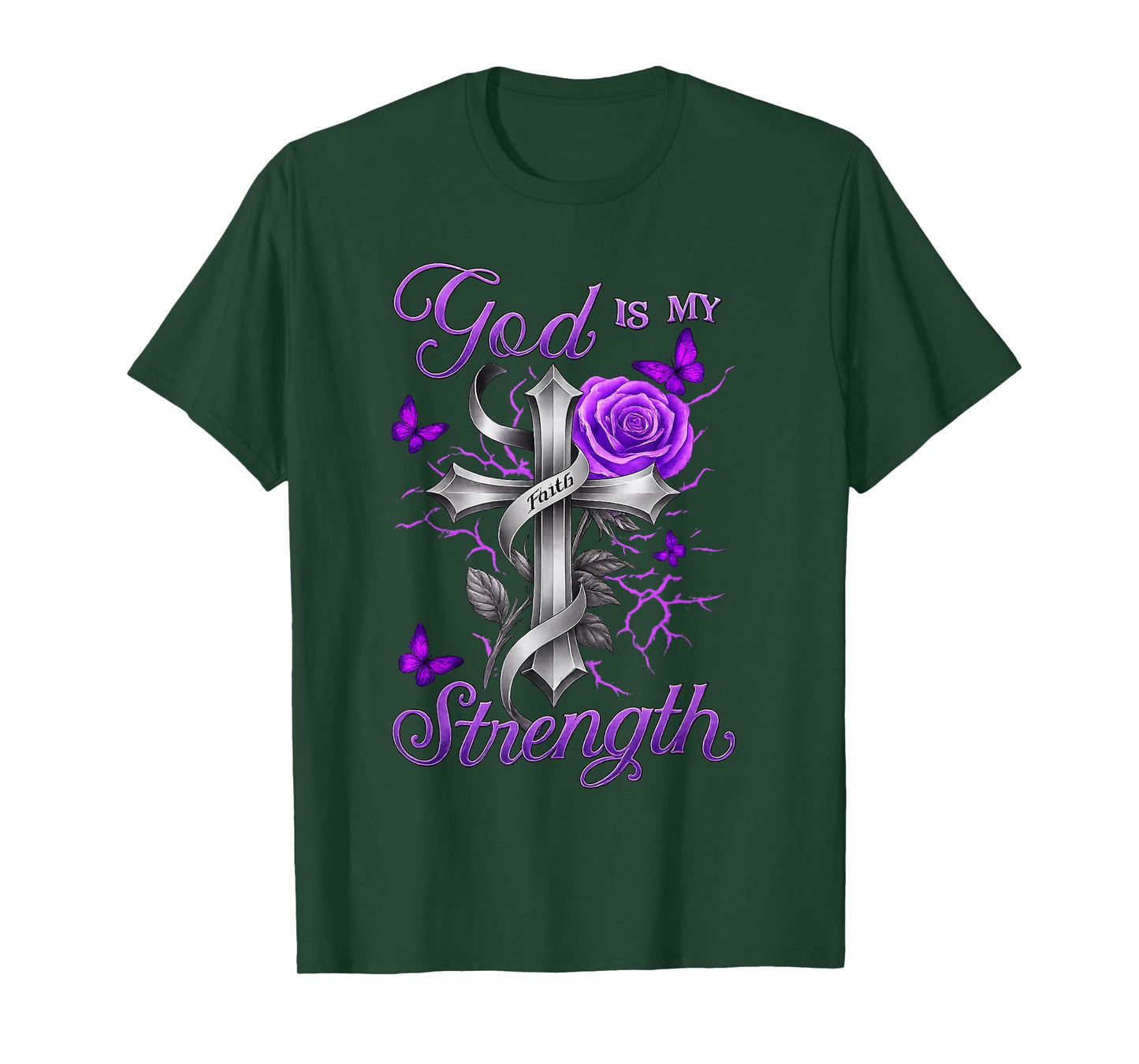 God is My Strength Purple Rose Cross Faith Apparel T-Shirt