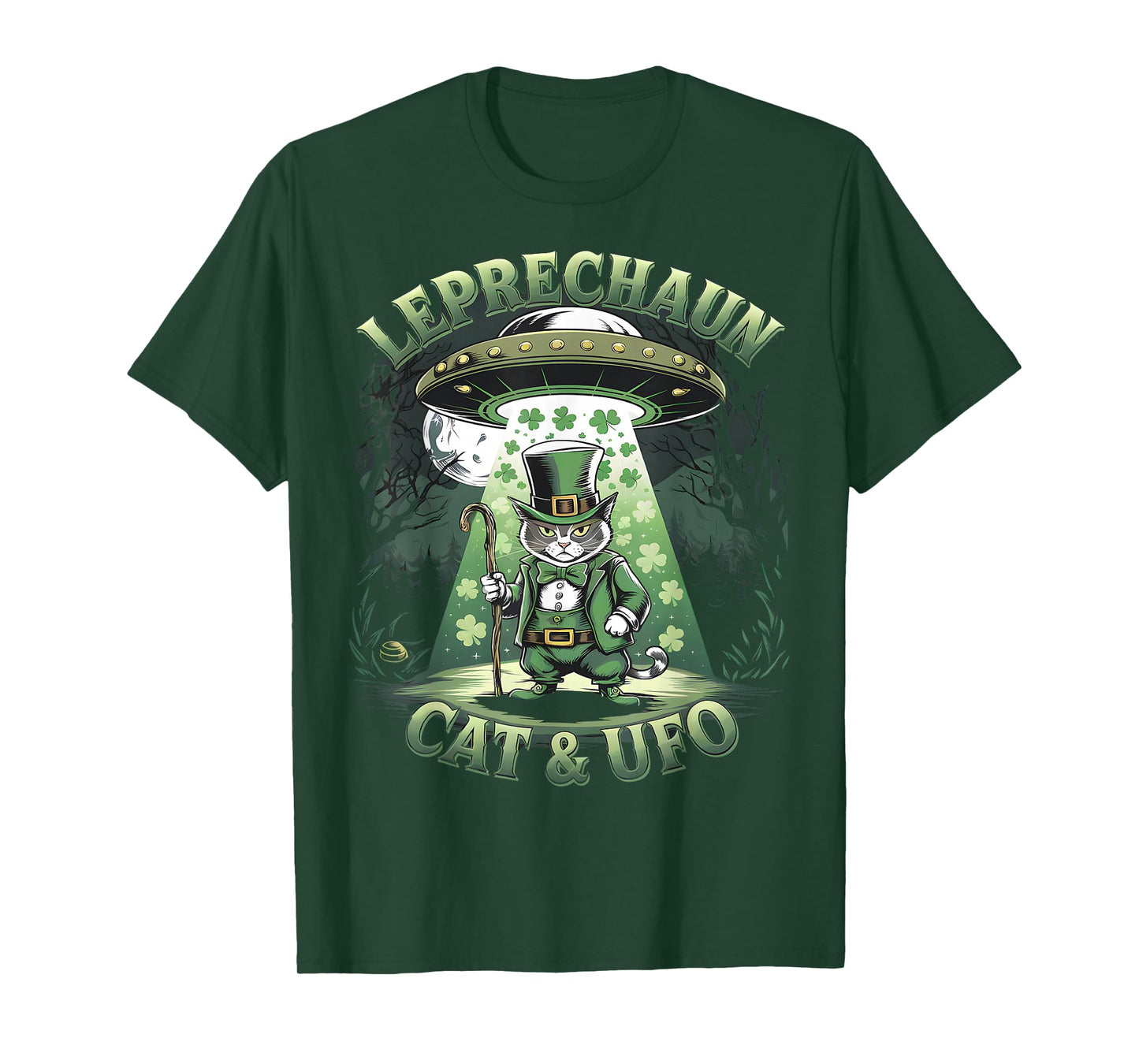 Leprechaun Cat and UFO St Patricks Day Funny Alien Irish T-Shirt